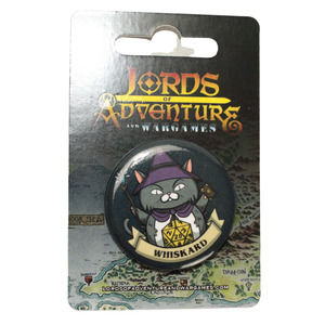 Lords of Adventure and Wargames Whiskard Button Pin D20 Cat Wizard D&D Table Top